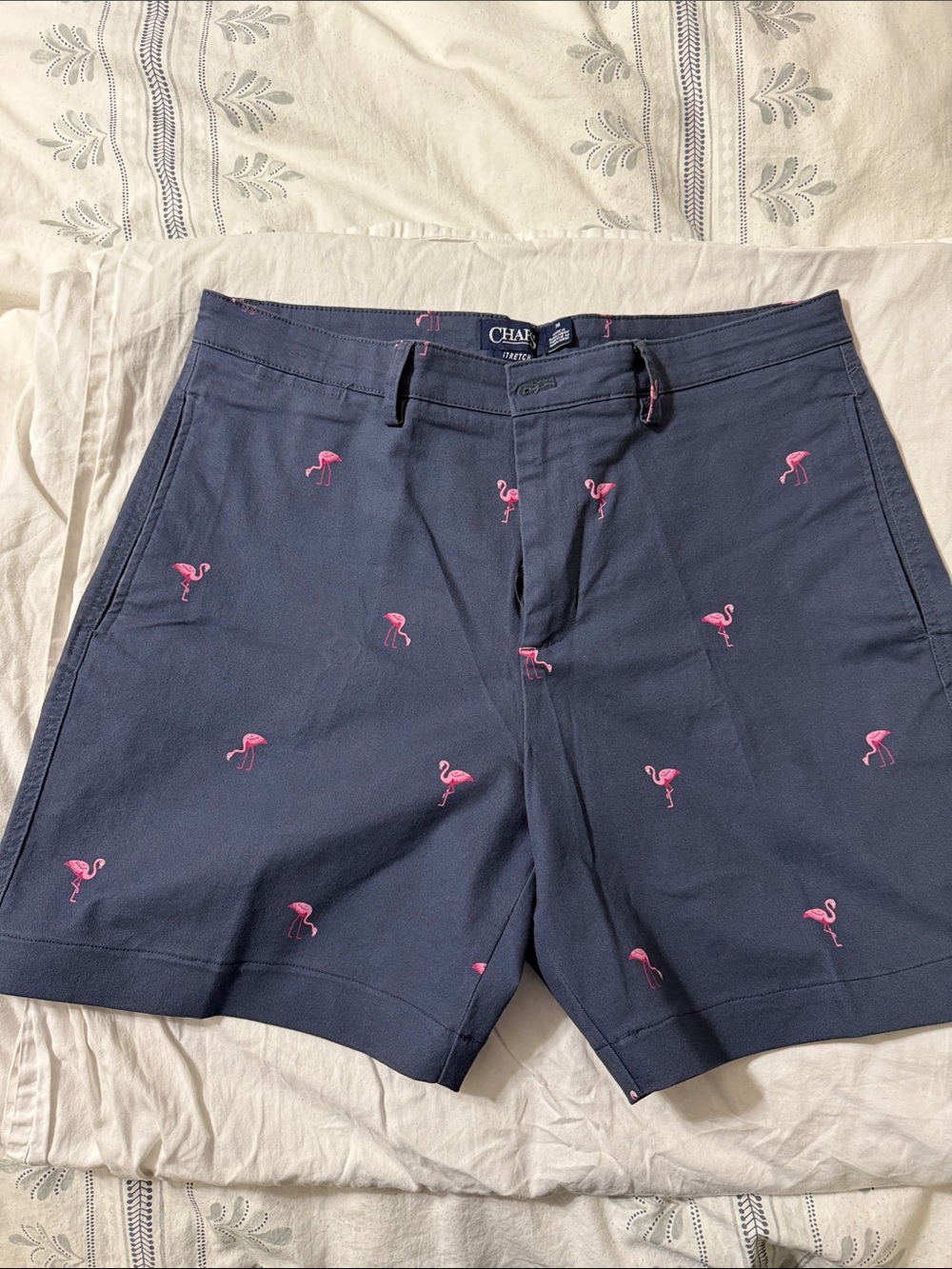 Chaps Navy Shorts with Pink Flamingo Embroidery